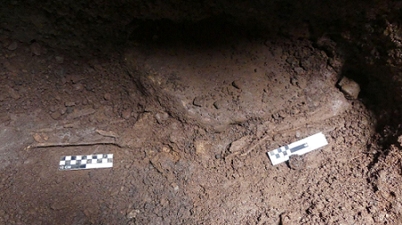 Tibia, peron� y falanges sobre piso de laja (fotograf�a: Axl Rosales Rodr�guez y Valeria Sauza N��ez)