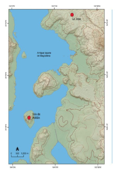  Ubicaci�n de La isla de Atitl�nen la Cuenca de Magdalena del estado de Jalisco (proyecci�n: Gerardo Jim�nez Delgado)