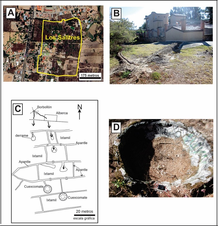 Urbanizaci�n en la zona los Salitres de Tonatico y evidencias de deterioro de los vestigios arqueol�gicos. A. �rea de Los salitres con presencia de vestigios arqueol�gicos de producci�n de sal. B. Construcci�n de casas y nuevos fraccionamientos sobre los vestigios arqueol�gicos. C. Esquema de posible configuraci�n de las milpas salineras y apantles en los salitres. D. Cuexcomate deteriorado y vandalizado