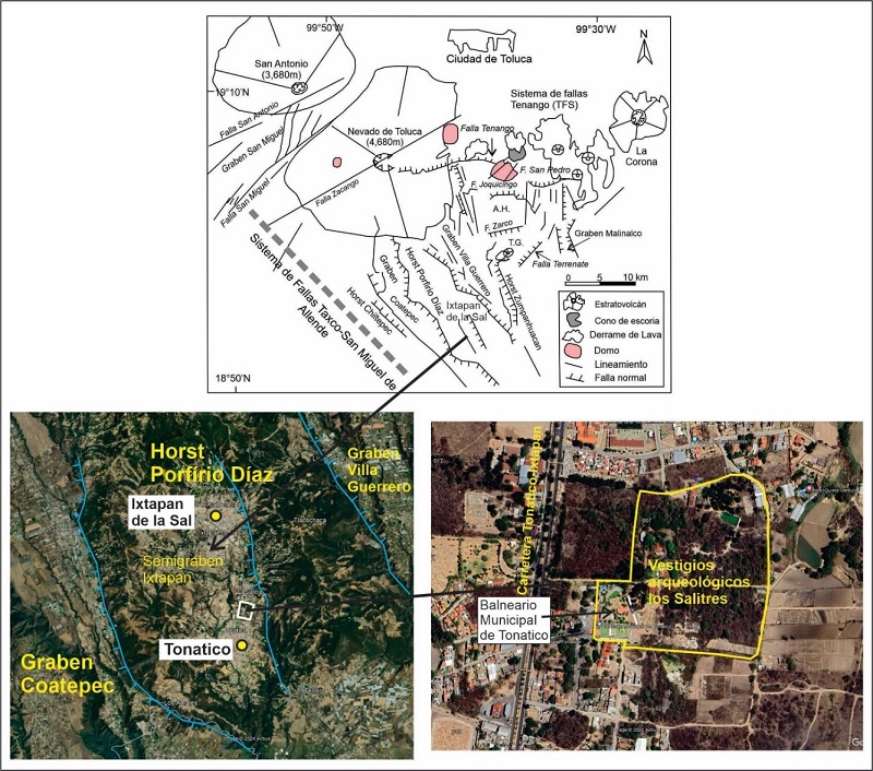 Ubicaci�n de la zona los salitres en Tonatico en el sur del estratovolc�n Nevado de Toluca y en el semigraben de Ixtapan de la Sal (figura modificada de Garc�a-Palomo et al., 2000; im�genes de Google Earth)