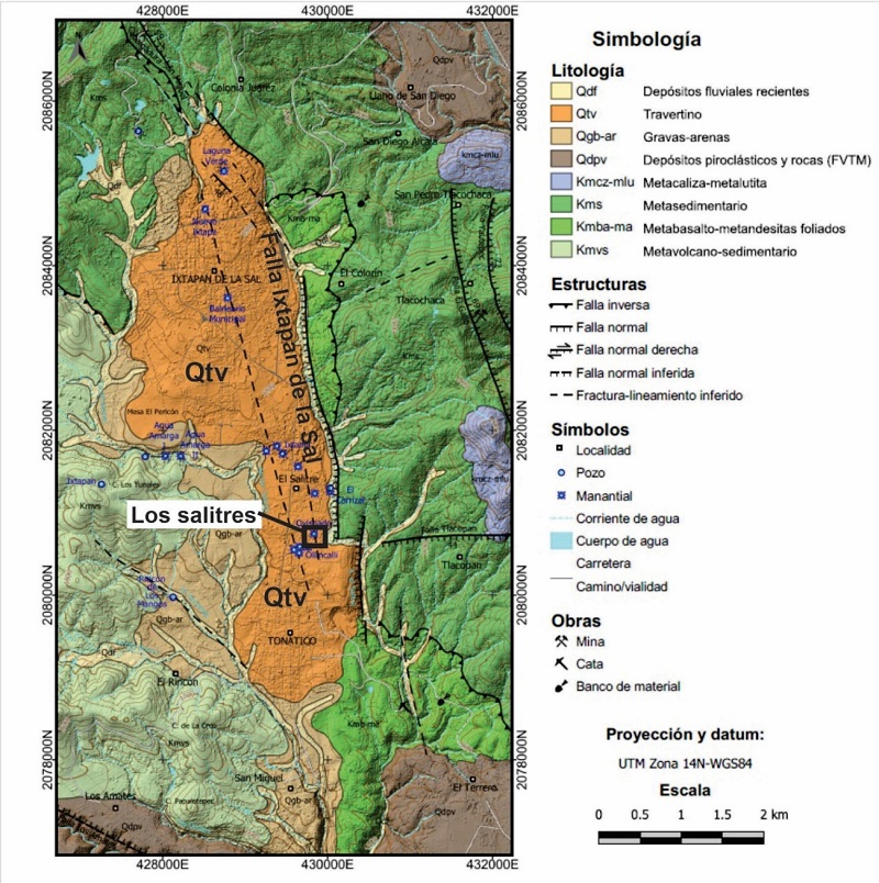 Mapa geol�gico de las unidades geol�gicas en el semigraben de Ixtapan de la Sal y la ubicaci�n de los Salitres en Tonatico (integraci�n de datos geol�gicos de campo y de cartograf�a geol�gico-minera de Rosales-D�az y Ram�rez-Ram�rez, 2013; ubicaci�n de manantiales de Mart�nez-Florentino, 2015)