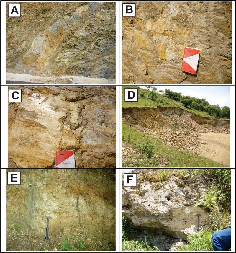 Unidades geol�gicas, fracturas y fallas en el semigraben de Ixtapan de la Sal. A. Unidad metasedimentaria cortada por dique andes�tico. B. Unidad metasedimentaria afectada por falla con movimiento de tipo normal. C. unidad metasedimentaria afectada por falla lateral. D. Banco de pr�stamo de roca metabas�ltica de la unidad metavolc�nica. E. Conglomerado de Tonatico con gravas y arenas poco consolidadas. F. Travertino de Ixtapan de la Sal compuesto de carbonatos y arcillas carbonatadas