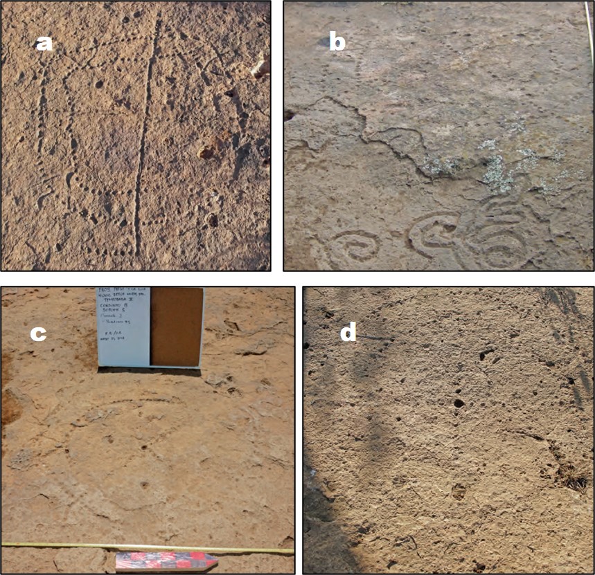  Cruces punteadas: a) Pecked cross Elemento aislado, b) Pecked cross 4 Conjunto D, c) Pecked cross 5 Conjunto B y d) Pecked cross 11 (Esparza y Rodr�guez, 2016: 84) 