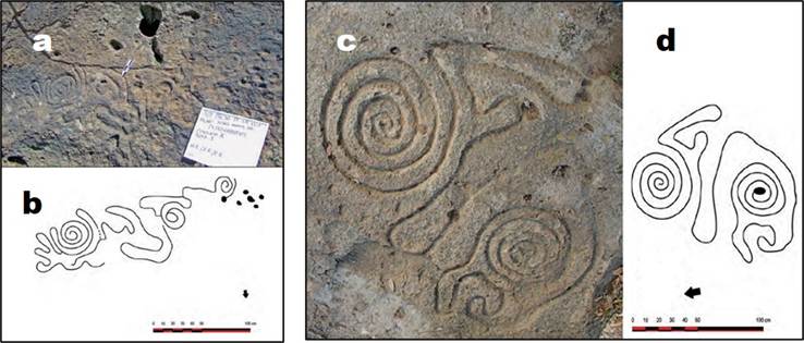 a) y b) Conjunto 1 Soporte 1, espiral prolongada con l�neas sinuosas: a) foto de espiral, b) dibujo de espiral; c) y d) Conjunto F Soporte 2, espiral compleja  (Esparza y Rodr�guez, 2016: 67-70)
