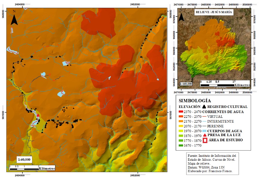 Mapa de an�lisis de terreno del sitio Presa de la Luz, Jes�s Mar�a (Fienco, 2023: 133)