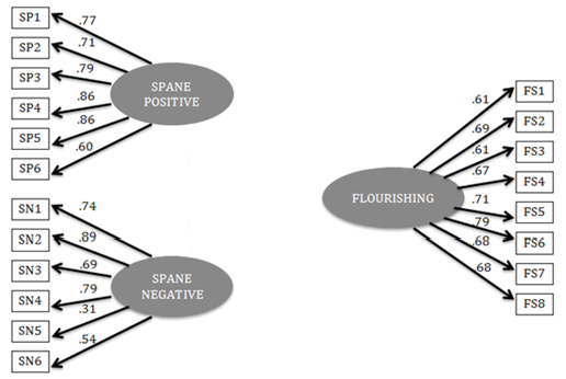 Análisis factorial confirmatorio de la SPANE y de la escala de
florecimiento. Adaptado de Cabrera-Nguyen (2010).