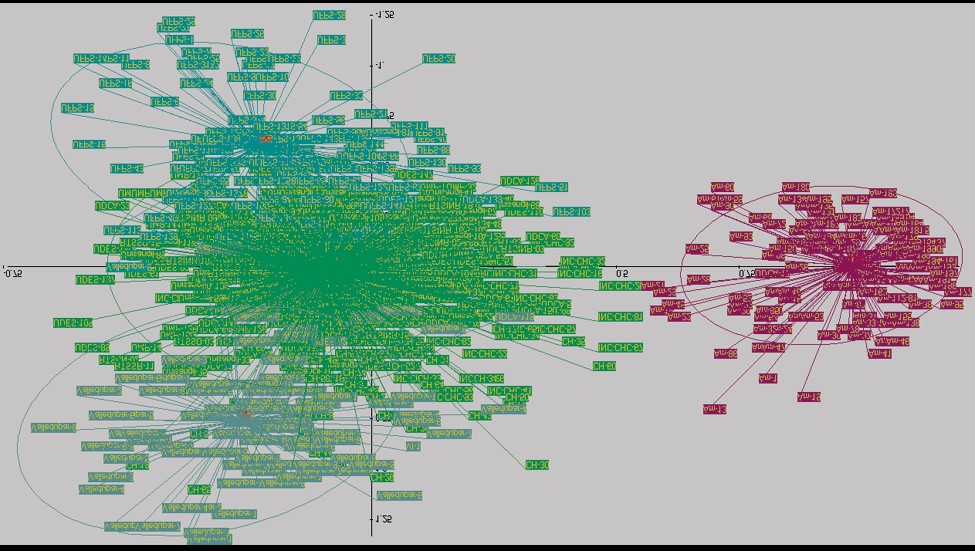 Proyección de los cuatro grupos formados junto con las distancias al centro del grupo correspondiente (k-medias).