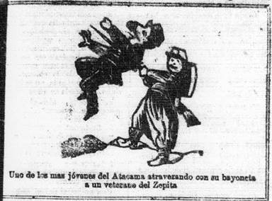 Uno de los m&aacute;s j&oacute;venes del Atacama atravesando con su bayoneta a un veterano del Zepita