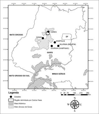 O Mato Grosso de Goiás, com destaque em círculo sobre a região indicada por Haas para receber a nova capital de Goiás em 1931