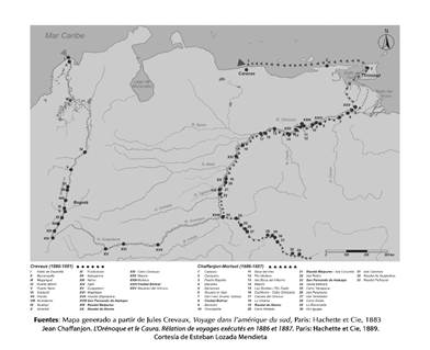 Mapas con las rutas de viaje de Jules Crevaux (1880-1881) y Jean Chaffanjon (1886-1887)