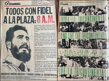 Portada y pginas del diario Granma, rgano oficial del Comit Central del Partido Comunista de Cuba, correspondientes al domingo 2 y lunes 3 enero del ao 1966 con motivo del inicio del Ao de la Solidaridad