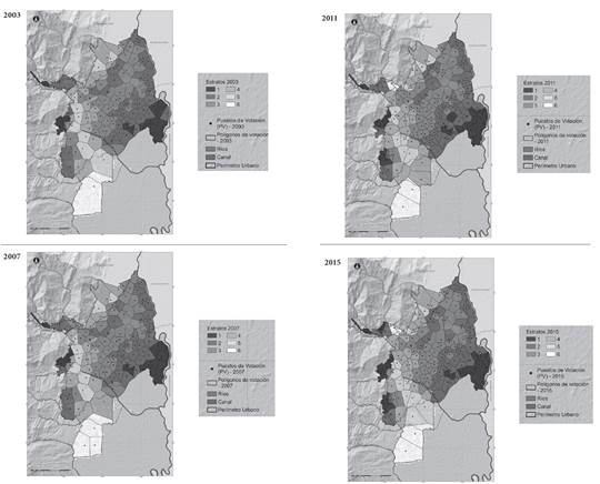 Estrato medio ponderado por área de influencia de puesto de votación (2003-2015)