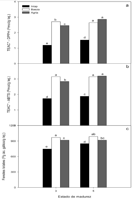 Contenido de (a) fenoles totales y capacidad antioxidante según el radical (b)
ABTS y (c) DPPH en frutos de naranjilla de las variedades Iniap-Quitoense
2009, Baeza y Agria en madurez 3 y 5. Letras distintas indican diferencias LSD
de Fisher con un nivel de significancia de P < 0,05 TEAC = actividad equivalente a Trolox
(µmol/g tej.)