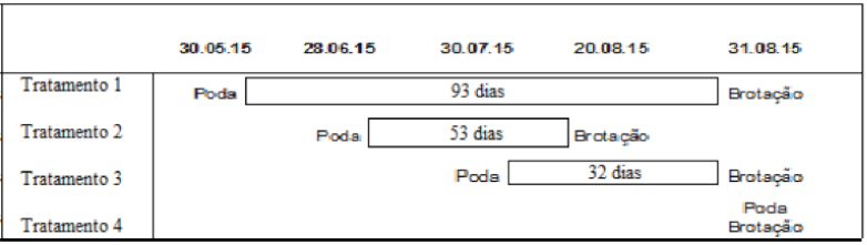 Dura&ccedil;&atilde;o, em dias, do per&iacute;odo entre a poda
e o in&iacute;cio da brota&ccedil;&atilde;o para Vitis vinifera L &lsquo;Cabernet Sauvignon&lsquo;, Candiota/RS,
Safra 2015/2016.