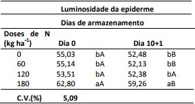 Luminosidade da epiderme de frutos de pessegueiros &lsquo;Cascata 1513&rsquo; submetidos a
diferentes doses de nitrog&ecirc;nio e per&iacute;odos de armazenamentos
