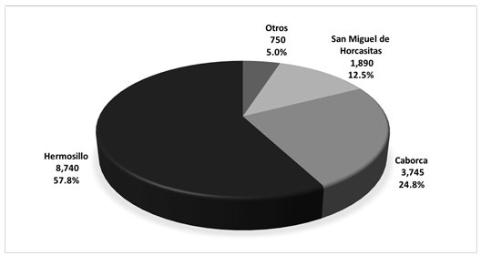 Distribución de superficie de uva de mesa
en Sonora  

(hectáreas)