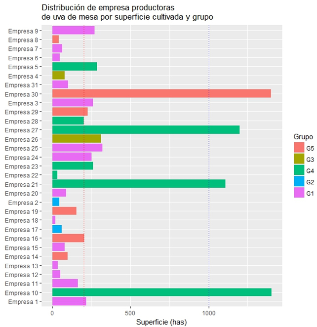 Distribución por superficie cultivada de las empresas de cada grupo