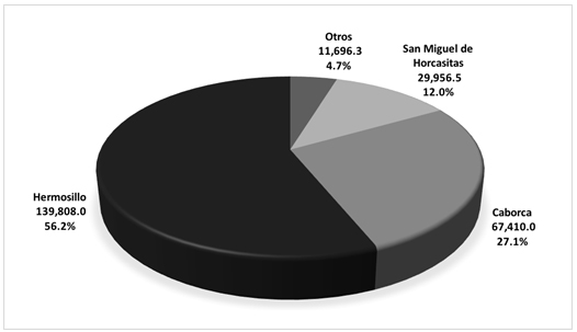Distribución de volumen de producción de
uva de mesa en Sonora 

(toneladas)