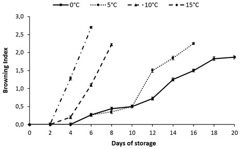 Browning Index in minimally processed escaroles
stored at different temperatures and 90-95% RH for 20 days. Vertical bars
represent the standard error of the mean (n = 3)