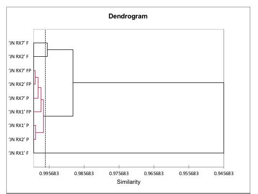 Dendrogram of biochemical characteristics, total phenolic compounds, total flavonoids, total anthocyanins, antioxidant activity by DPPH and lipid peroxidation by MDA in orange-fleshed sweet potatoes. The treatments are represented by the points, where F = flesh; P = peel and FP = flesh + peel