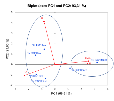 Two-dimensional projection and scores of physicochemical biochemical characteristics pH, soluble solids (&deg;Brix), titratable acidity (% citric acid) and ratio (SS / TA), in raw and cooked purple-fleshed sweet potatoes