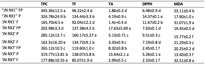 Total phenolic compounds (TPC, mg/100g), total flavonoids (TF, mg/100g), total anthocyanins (TA, mg/100g), antioxidant capacity by the DPPH (mg/100g) and MDA (nmol TBARS/g) methods in flesh + peel, peel and flesh of purple flesh sweet potatoes