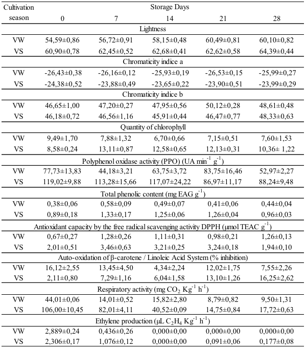 Total group of data (mean, � SD) of the 'Vanda' lettuce cultivated in different season at Piracicaba, SP and stored under refrigeration.