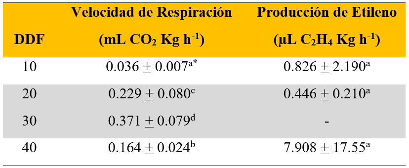 Valores de respiraci�n y producci�n de etileno en frutos de pitaya cosechados a diferentes d�as despu�s de floraci�n (DDF).