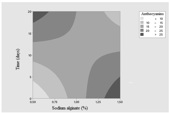 Contour plot of the interaction between Time and SA on the anthocyanin content of the evaluated strawberries.