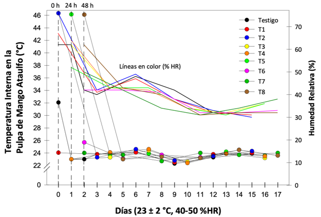 Seguimiento de la temperatura interna de mango &ldquo;Ataulfo&rdquo; despu�s de recibido los diferentes tratamientos durante 15 d�as a 23 � 2 �C, 40-50 % HR. L�neas punteadas indican el inicio de aplicaci�n del hidrot�rmico para cada tratamiento y las l�neas de color representan la humedad relativa correspondiente.