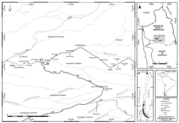 Mapa de ubicación de área de estudio, y unidad de observación (valle de Codpa)