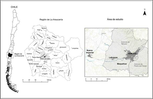 Área de estudio. Ubicación de Temuco, Labranza y Maquehue. Región de La Araucanía, Chile
