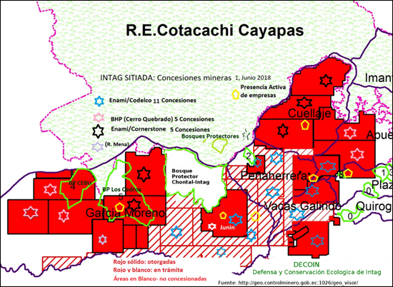 Concesiones otorgadas y en tr&aacute;mite en la zona de &Iacute;ntag en junio de 2018