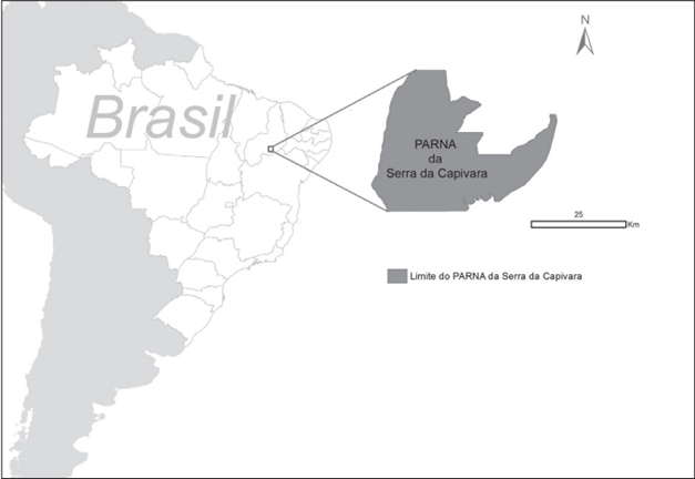 Mapa da localização do Parque Nacional Serra da Capivara no Nordeste do Brasil no estado do Piauí