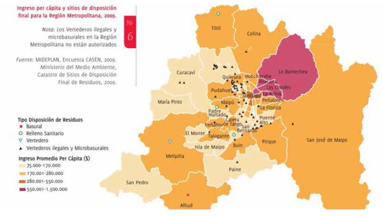 Ingreso per cápita y ubicación de basurales, rellenos sanitarios,
  vertederos y vertederos ilegales en la región Metropolitana de Santiago,
  2009.  