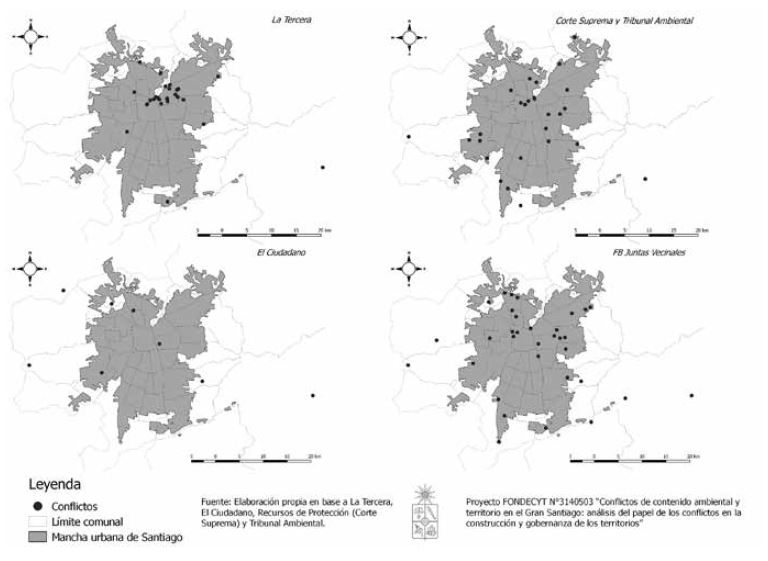 Localización de conflictos
  socioambientales según fuentes de información. Se incluye prensa, poder
  judicial y redes sociales