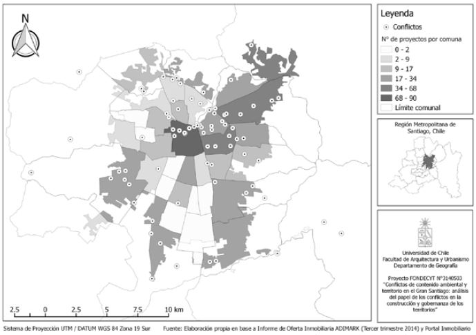 Localización de
los conflictos socioambientales y número de proyectos inmobiliarios en
desarrollo por comuna