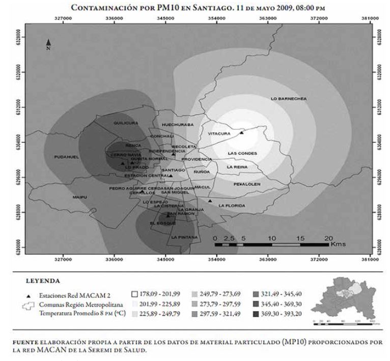 Calidad del aire por partículas (PM10)
  según zonas geográficas de Santiago