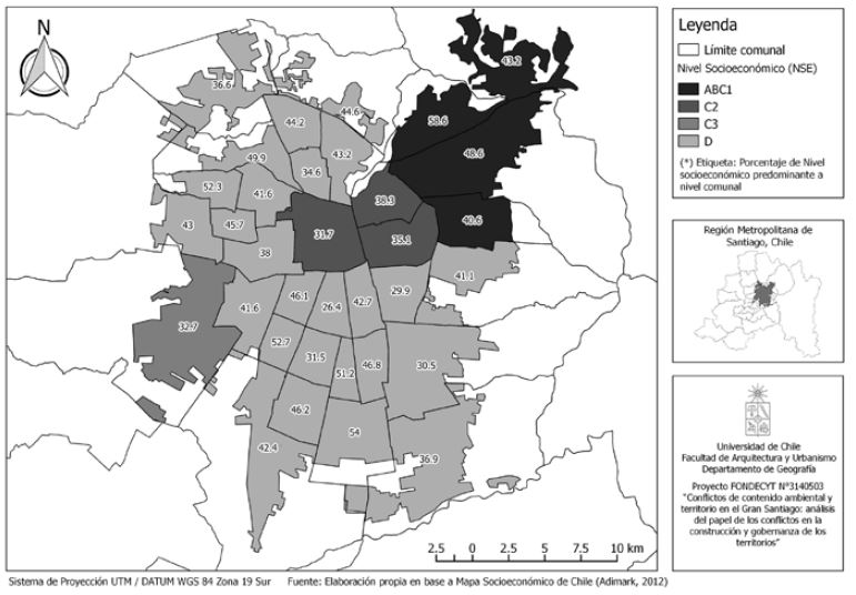 Distribución de la población total según niveles socioeconómicos en
  Santiago de Chile: grupos predominantes por comuna  