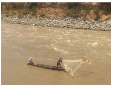 Pesca en canoa
con atarraya. Pescador artesanal de Caracolí. Honda, 2014. Fotografía de los
autores.

 