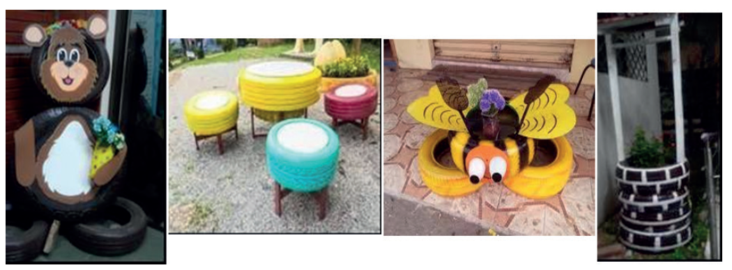 Alternativas del reúso de los NFU en las unidades educativas según matriz de selección de alternativas. Figuras decorativas(a) Asientos (b) Separadores para jardinerìa (c) Bases para maceteros (d)