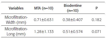 Comparison of the width and length of the microfiltration according to the dental cement used (MTA and Biodentine)