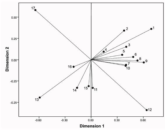 Eigenvectors corresponding to socioeconomic characteristics. Dimension 1 positive values: 1-Health: Job Insurance. 2-Father's job (formal employment). 3-Mother's job (formal employment). 4-Health: Insurance plan. 5-Cable television. 6-Father's education. 7-Car. 8-Mother's education. 9-Internet. 10-Air conditioning. 11-Mother's work (unemployed). 12- High-quality house. Dimension 1 negative values: 13-Health: Care in Public hospital. 14-Father's job (unemployed). 15-Financial assistance. 16-Critical crowding. 17- Low-quality house.