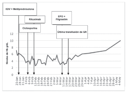 Valores de Hb a lo largo de la hospitalizaci�n en relaci�n con la administraci�n de medicamentos