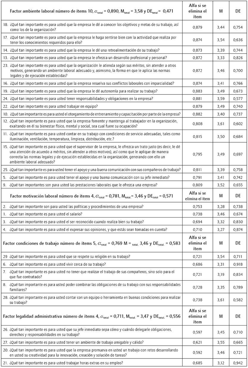 An&aacute;lisis descriptivo y de consistencia interna de los &iacute;tems de percepci&oacute;n de importancia sobre los aspectos laborales, agrupados por factor (n = 447)