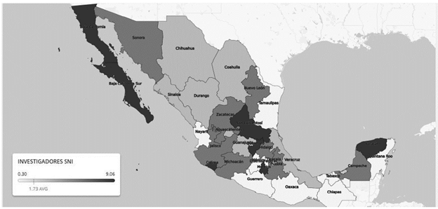 Mapa de la distribuci&oacute;n geogr&aacute;fica de los miembros del SNI. 