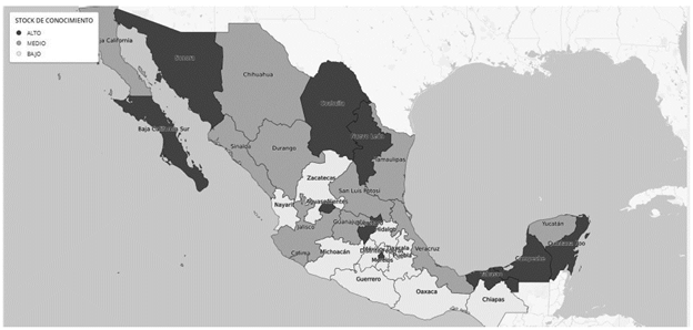 Mapa de la distribuci&oacute;n geogr&aacute;fica del stock de conocimiento. 