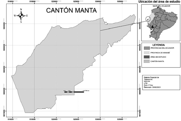 Mapa de la ubicación geográfica del cantón Manta, Manabí, Ecuador. Fuente: Secretaría Nacional de Planificación y Desarrollo de Ecuador (2015).