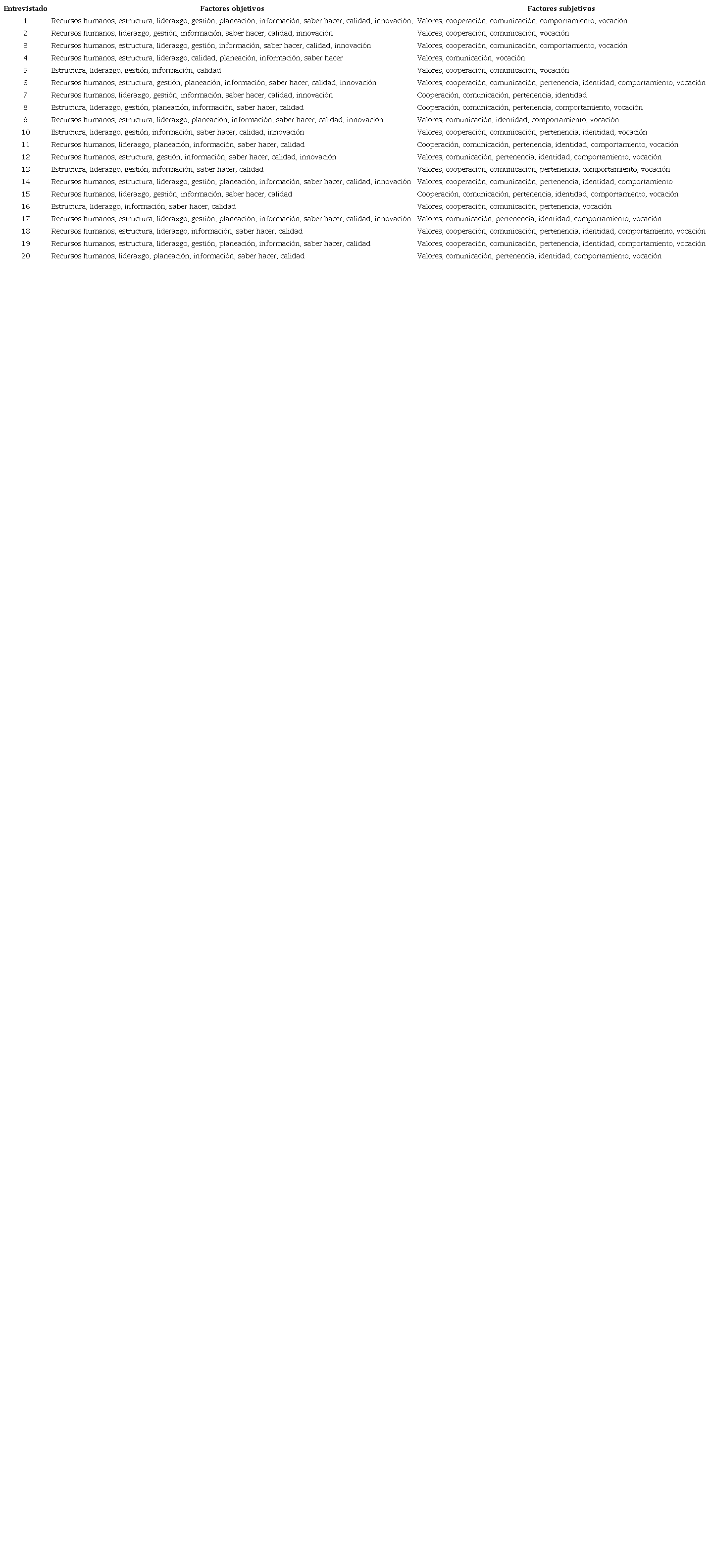 Factores objetivos y subjetivos identificados en las entrevistas.