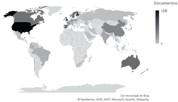 Pa&iacute;ses con producci&oacute;n sobre las NC en Scopus. 